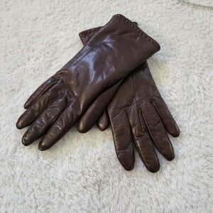 Grandoe Womens Brown Leather Fur Lined Winter Gloves Size Medium M Zigzag Stitch